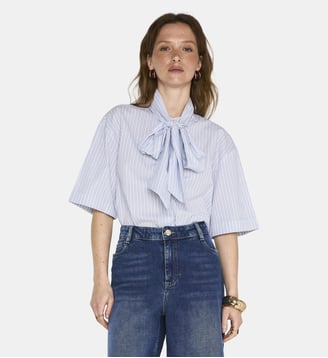 Blouse Col Lavallière À Manches Courtes En Coton Darine - Maison 123 - Ciel