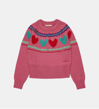 Pull ras-du-cou avec cœurs jacquard - Marni - Orchidée rose