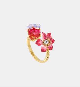 Bague ajustable clématite rose, verre facetté et glycine violette - Les Néréides - Rose