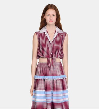 Chemise courte en coton à rayures - Sandro - Bordeaux et blanc