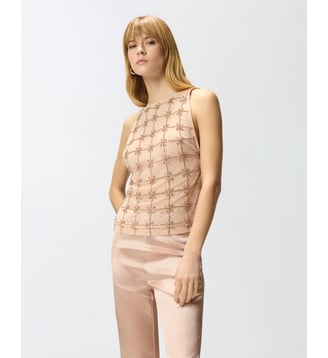 Top sans manches en tulle à cristaux - Pinko - Crème