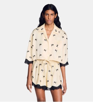Chemise courte brodée à fleurs - Sandro - Vanille