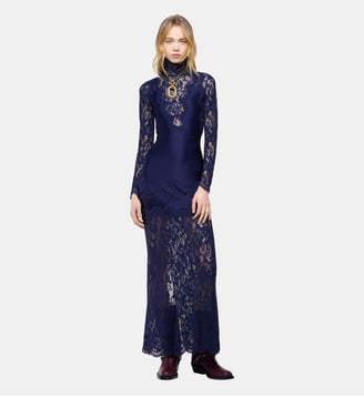 Robe longue en dentelle et jersey - Rabanne - Bleu marine