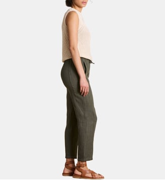 Pantalon carotte en lin taille élastiquée - La Fée Maraboutée - Blanc et vert