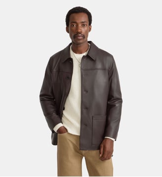 veste en cuir à col chemise - Agnès b. - Marron togo