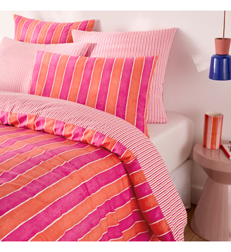 Housse de couette en coton lavé, imprimé rayures - La Redoute Interieurs - Orange et rose