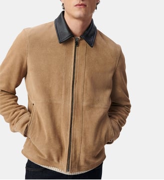 Blouson cuir velours col cuir - Ikks - Beige foncé