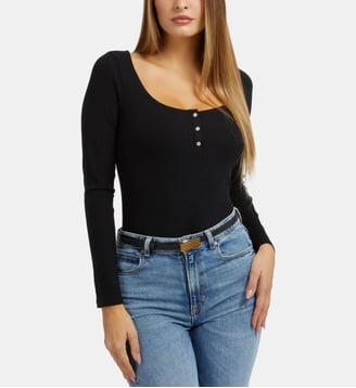 Top slim côtelé manches longues boutons strass - Guess - Noir