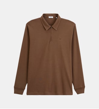 Polo zippé manches longues en coton interlock - Serge Blanco - Marron