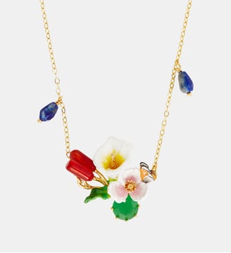Collier plastron arum, roseaux et pierre verte - Les Néréides - Multicolore