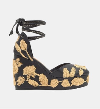 Espadrilles compensées en cuir et raphia brodé CARMELA - Castaner - Noir