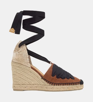 Espadrilles compensées en daim à coutures festonnées et rubans CURTIS - Castaner - Cognac