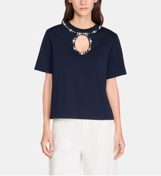T-shirt ajouré strassé - Sandro - Marine