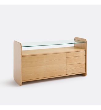 Buffet en plaqué chêne, plateau en verre trempé, 2 portes et 3 tiroirs - La Redoute Interieurs - Chêne