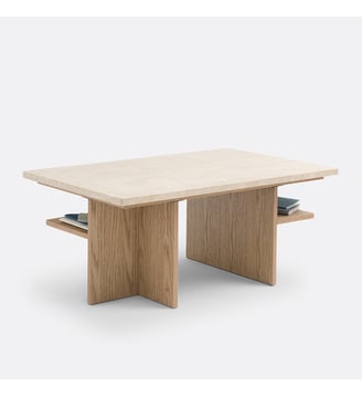 Table basse, en travertin, longueur 100 cm - La Redoute Interieurs - Chêne et travertin