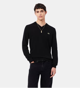 Pull coton uni col V - Lacoste - Noir