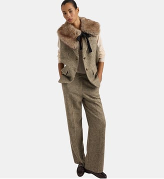 PHILIP PANTS IN PURE WOOL PIED-DE-POULE - MOSS/CREAM - Momonì - Crème
