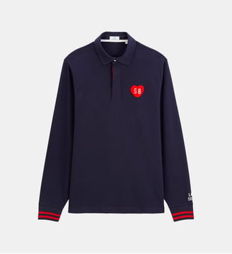 Polo de rugby manches longues badge cœur bouclette - Serge Blanco - Bleu marine