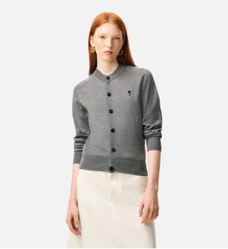 Cardigan Col Rond Avec Ami De Coeur en Laine - AMI Paris - Gris chiné et noir