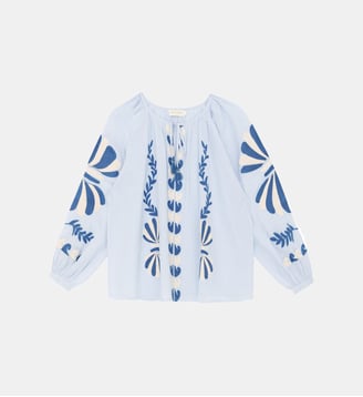 Blouse manches longues col rond imprimé broderie BIHA - La Petite Etoile - Écru et bleu