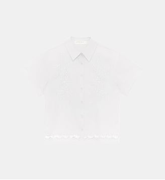 Chemisier manches courtes col chemise imprimé broderie CATHY - La Petite Etoile - Écru