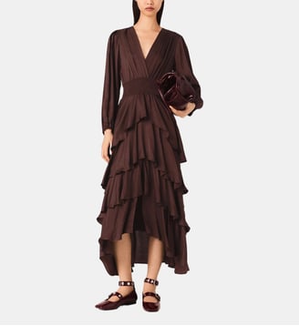 Robe longue fluide à volants - Maje - Marron