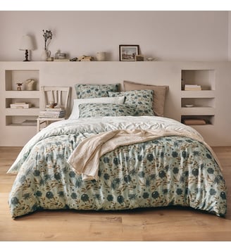 Parure de lit imprimée en satin de coton, taies rectangles, ECLOSION - Essix - Bleu moyen