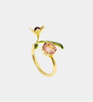 Bague ajustable fleur dorée, perle et pierre ronde rose - Les Néréides - Multicolore