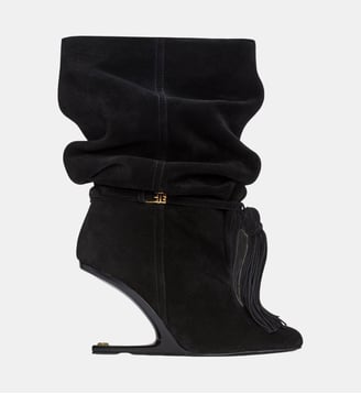 Bottines No Wedge à pompon en cuir suédé - Balmain - Noir