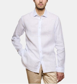 Chemise en lin ciel à rayures bâtons coupe droite - Atelier Privé - Bleu ciel
