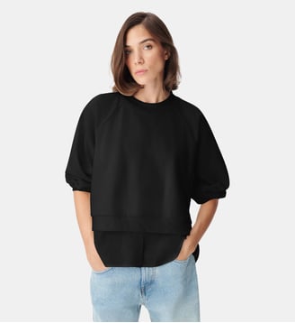 Sweat bi-matière trompe-l'oeil chemise - Ikks - Noir