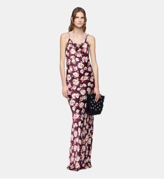 Robe longue à motif floral en satin de soie - Rabanne - Bordures florales violet et jaune