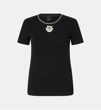 T-shirt en maille côtelée avec broderie love birds - Pinko - Limousine noire