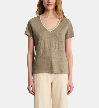 T-shirt V en lin et lurex - TINAEL - Pablo - Kaki moyen