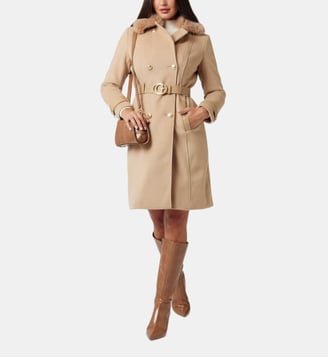 Manteau droit mi-long col effet fourrure - Guess - Beige