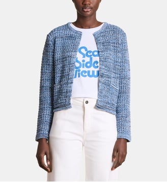 Gilet ouvert en maille chinée - La Fée Maraboutée - Bleu denim