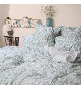 Housse de couette en percale de coton lavé, HERBIER - Blanc Cerise - Bleu céladon