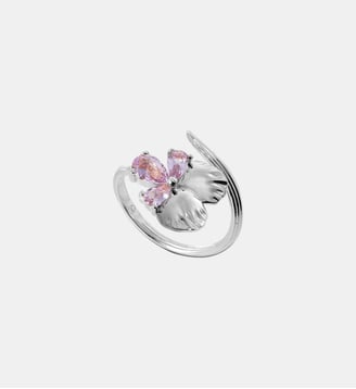 Bague ajustable argentée fleur de pensée et pierres roses - Les Néréides - Doré