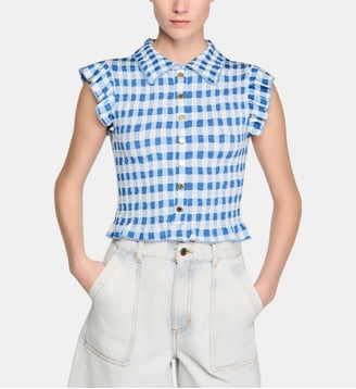 T-shirt smocké vichy - Sandro - Bleu blanc