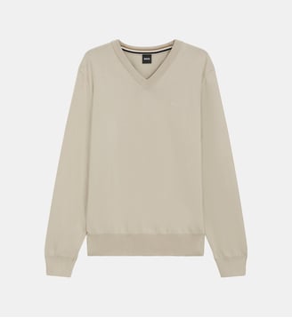 Pull à col V en coton - BOSS - Open beige
