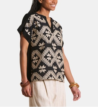 T-shirt oversize col tunisien - La Fée Maraboutée - Noir et écru