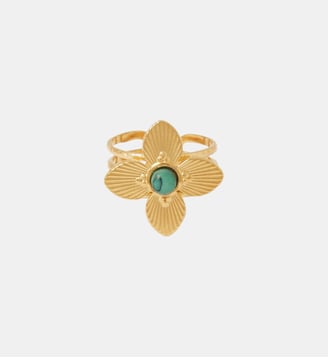 Bague fleur avec pierre acier inoxydable doré - Balaboosté - Vert