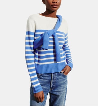 Pull cachemire femme col rond rayé - Bompard - Bleu althea