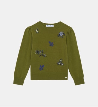 Pull - Olive laine broderies fleurs - Tartine Et Chocolat - Vert