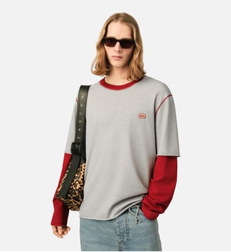 T-shirt en coton manches doubles patch Ami - AMI Paris - Gris cendre chine et rouge