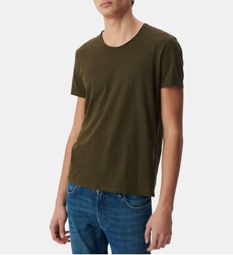 T-shirt droit coton flammé col V - Ikks - Kaki