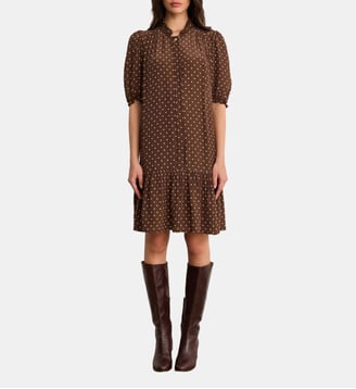 Robe droite à pois et volants - AZALEE - Pablo - Marron