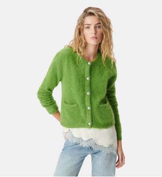 Cardigan tricot mousseux 100% laine - Ikks - Vert olive