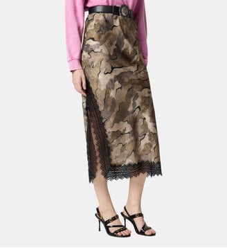 Jupe midi fendue camouflage à dentelle - Pinko - Beige et vert