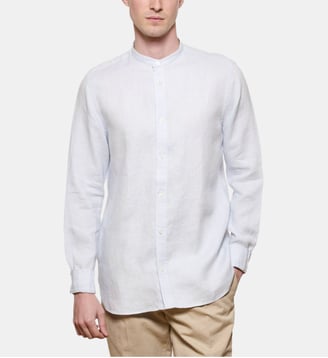 Chemise en lin ciel col Mao coupe droite - Atelier Privé - Bleu ciel